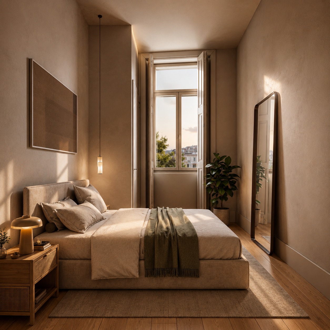 Bedroom with fitted joinery and city views in a LAPA apartment