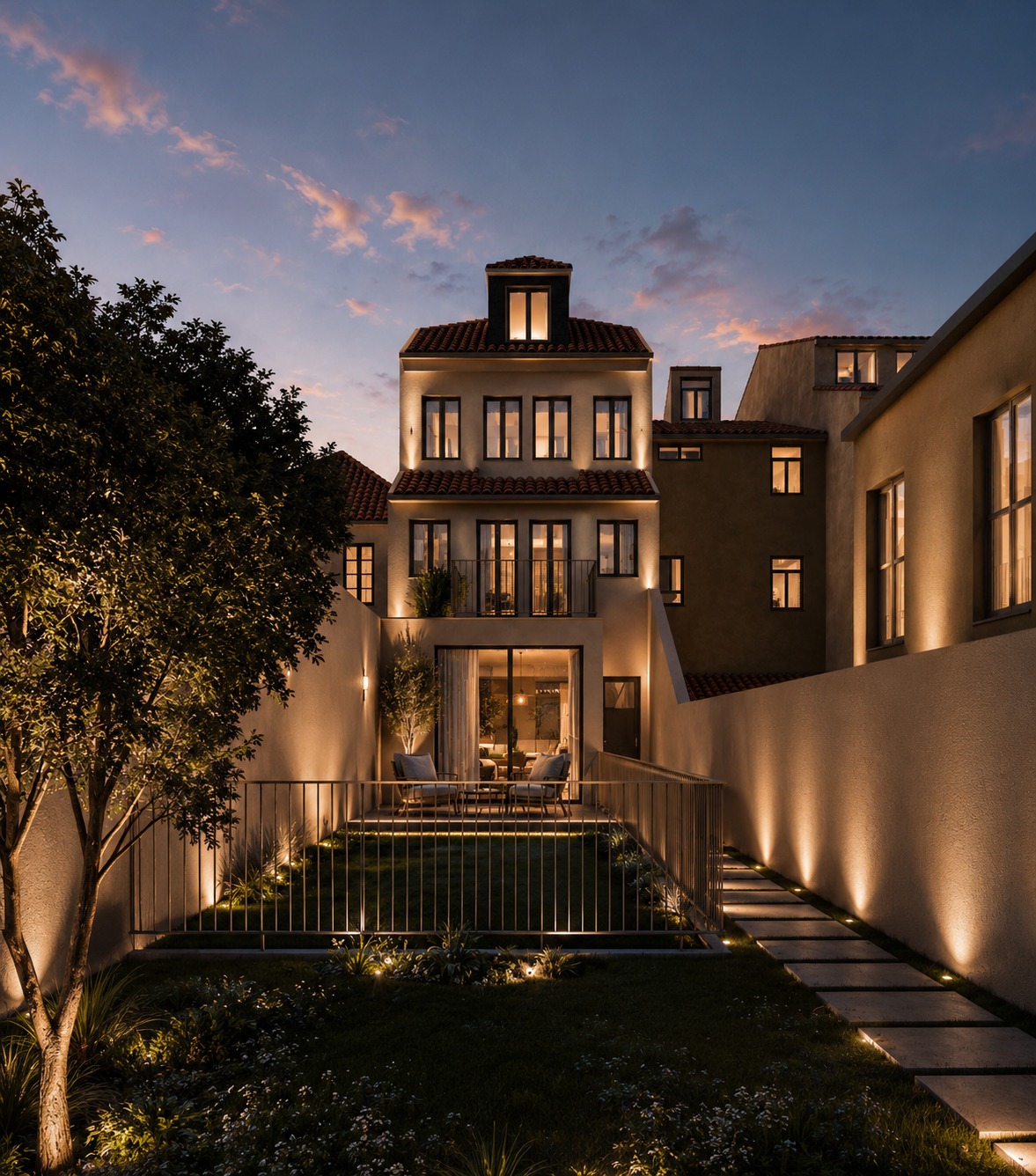 Rear elevation of LAPA with private garden at dusk