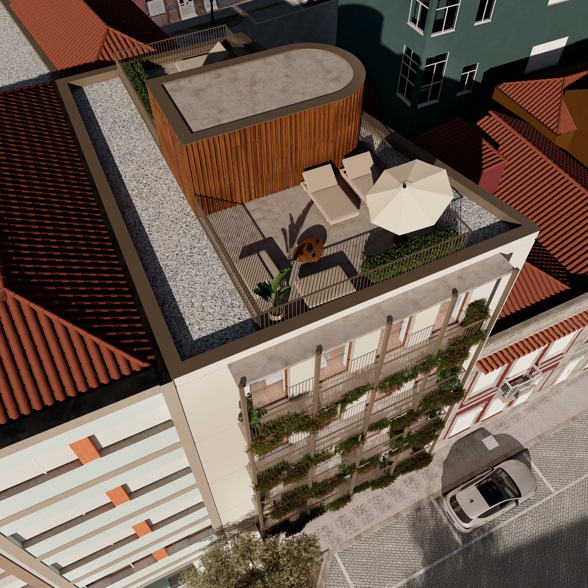Aerial view of the REPUBLICA rooftop terrace and lounge