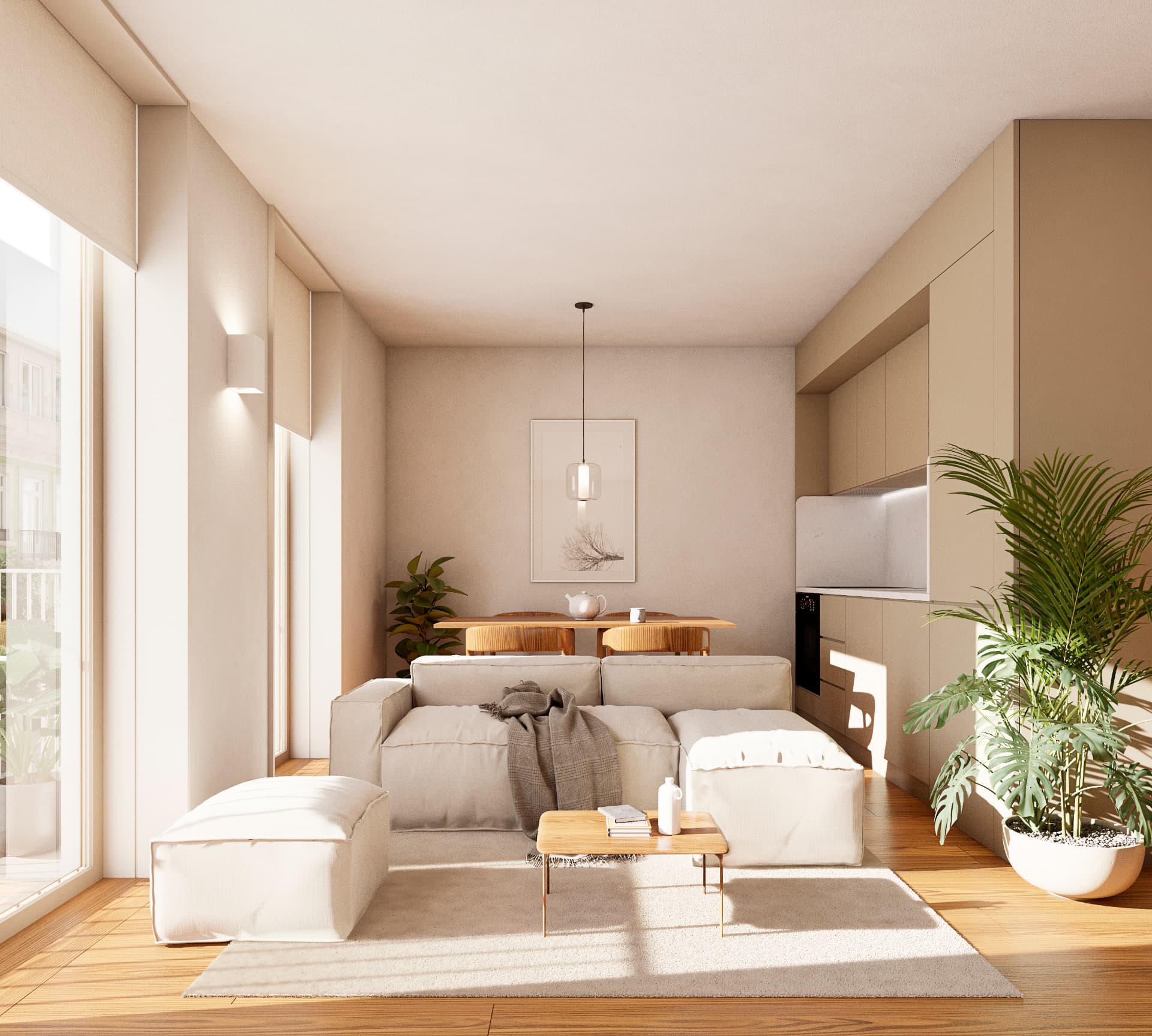 Sunlit living room with balcony in a REPUBLICA apartment