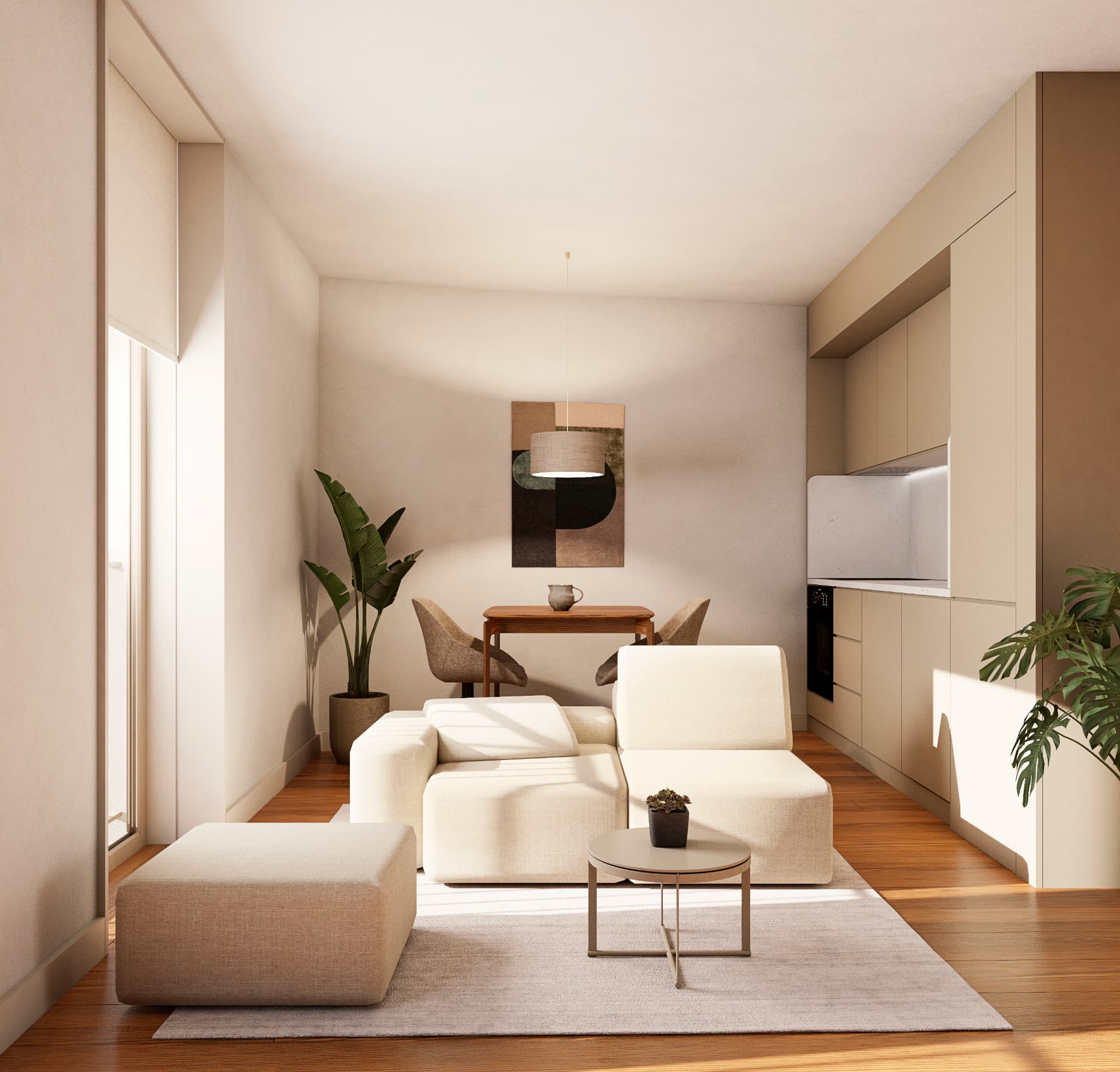 Compact living and kitchen area in a REPUBLICA apartment