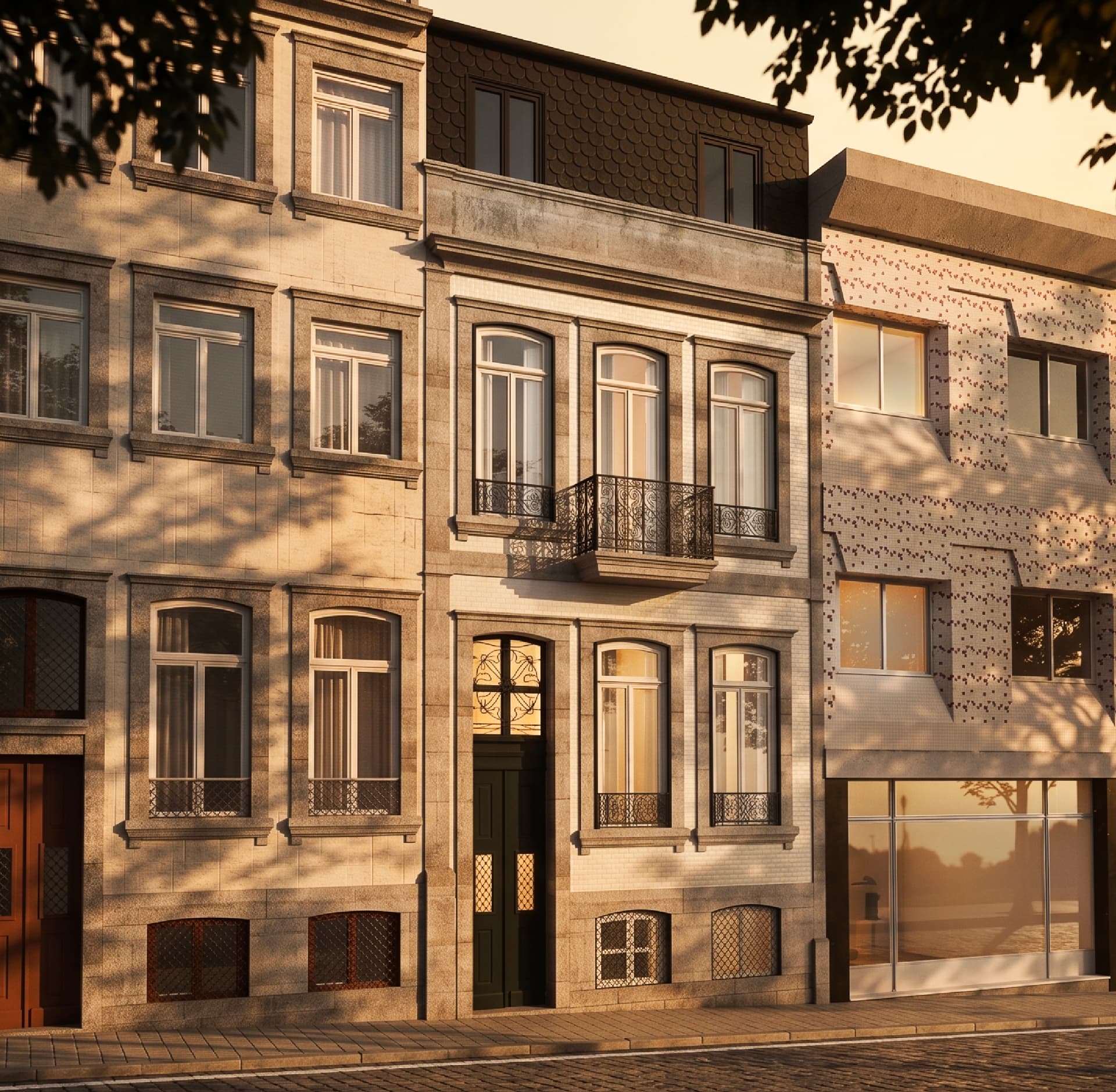 Street facade of the SANTA CATARINA by uniqon development at golden hour