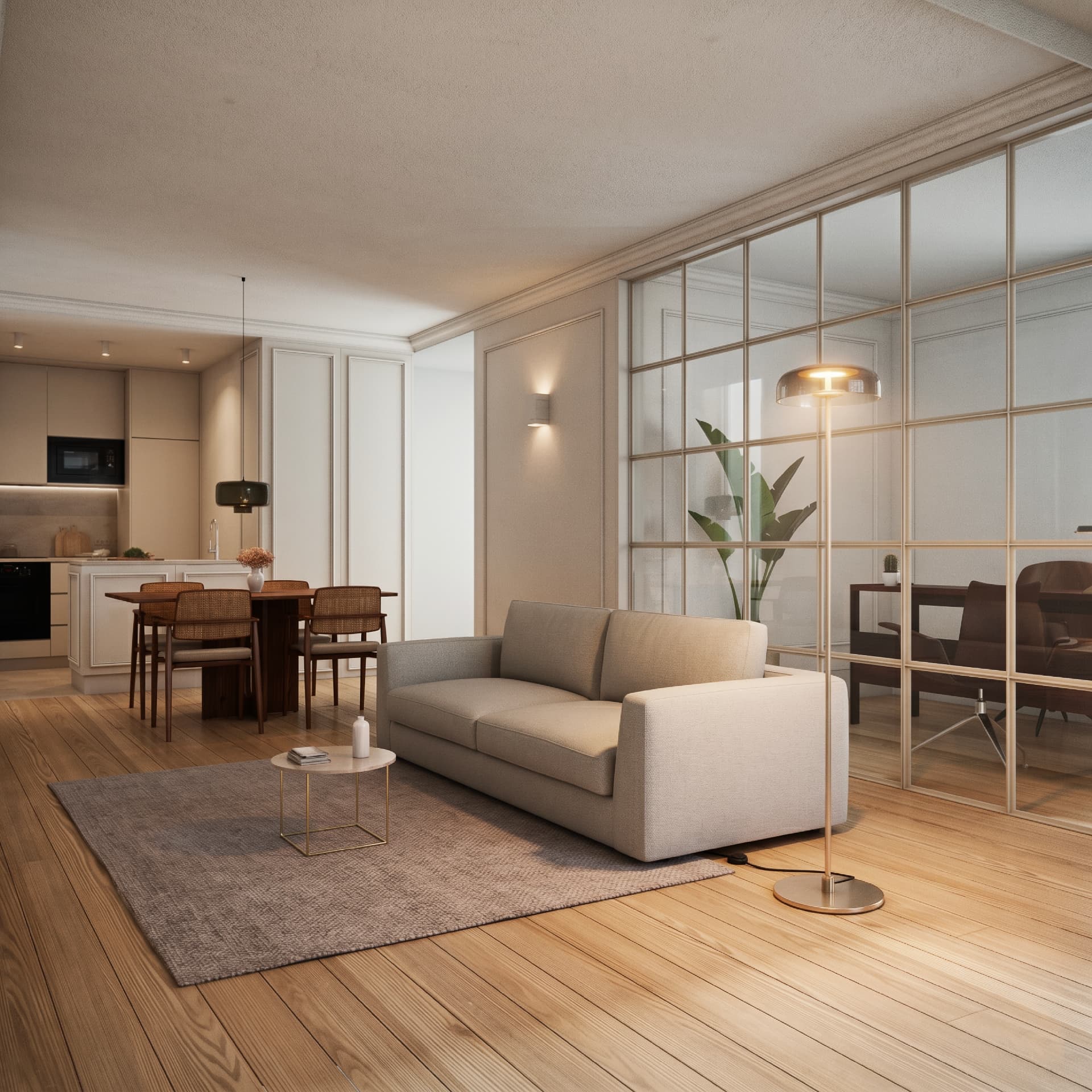 Living and dining space with glazed partition at SANTA CATARINA